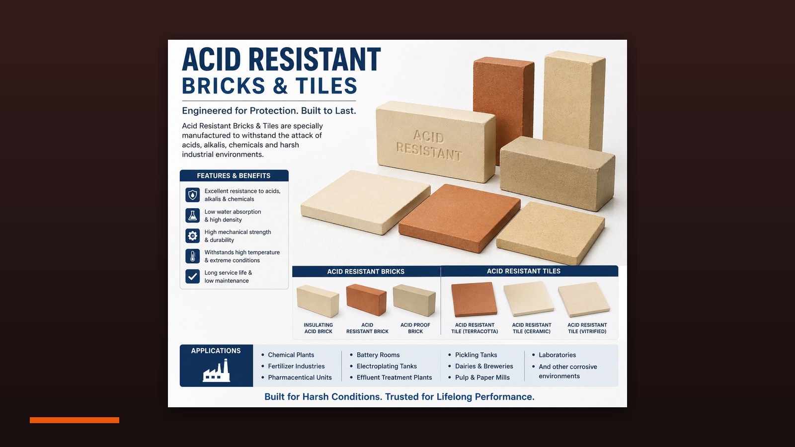 Acid resistant bricks and tiles for chemical plant linings