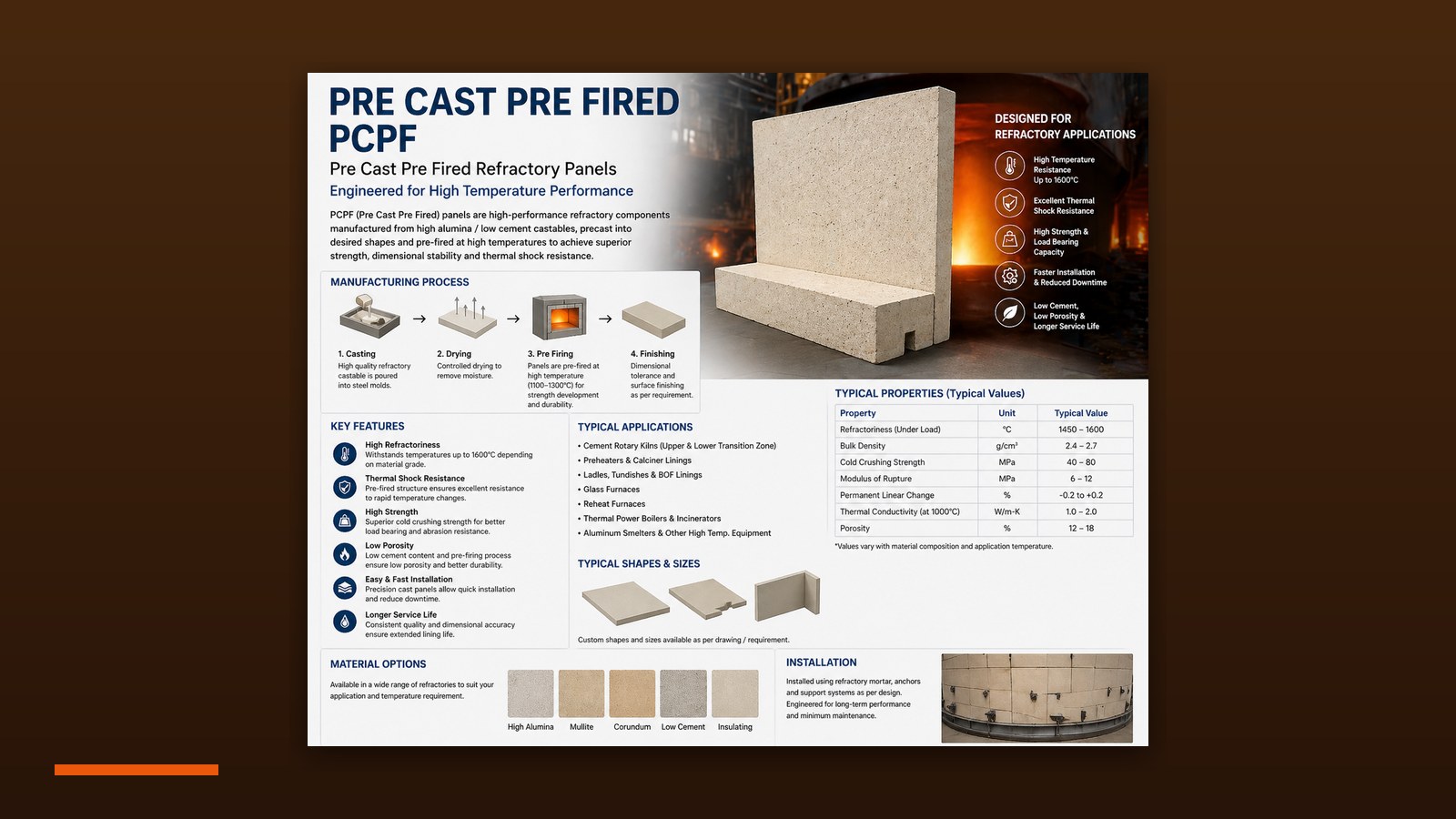 Pre-cast and pre-fired refractory shapes — burner block